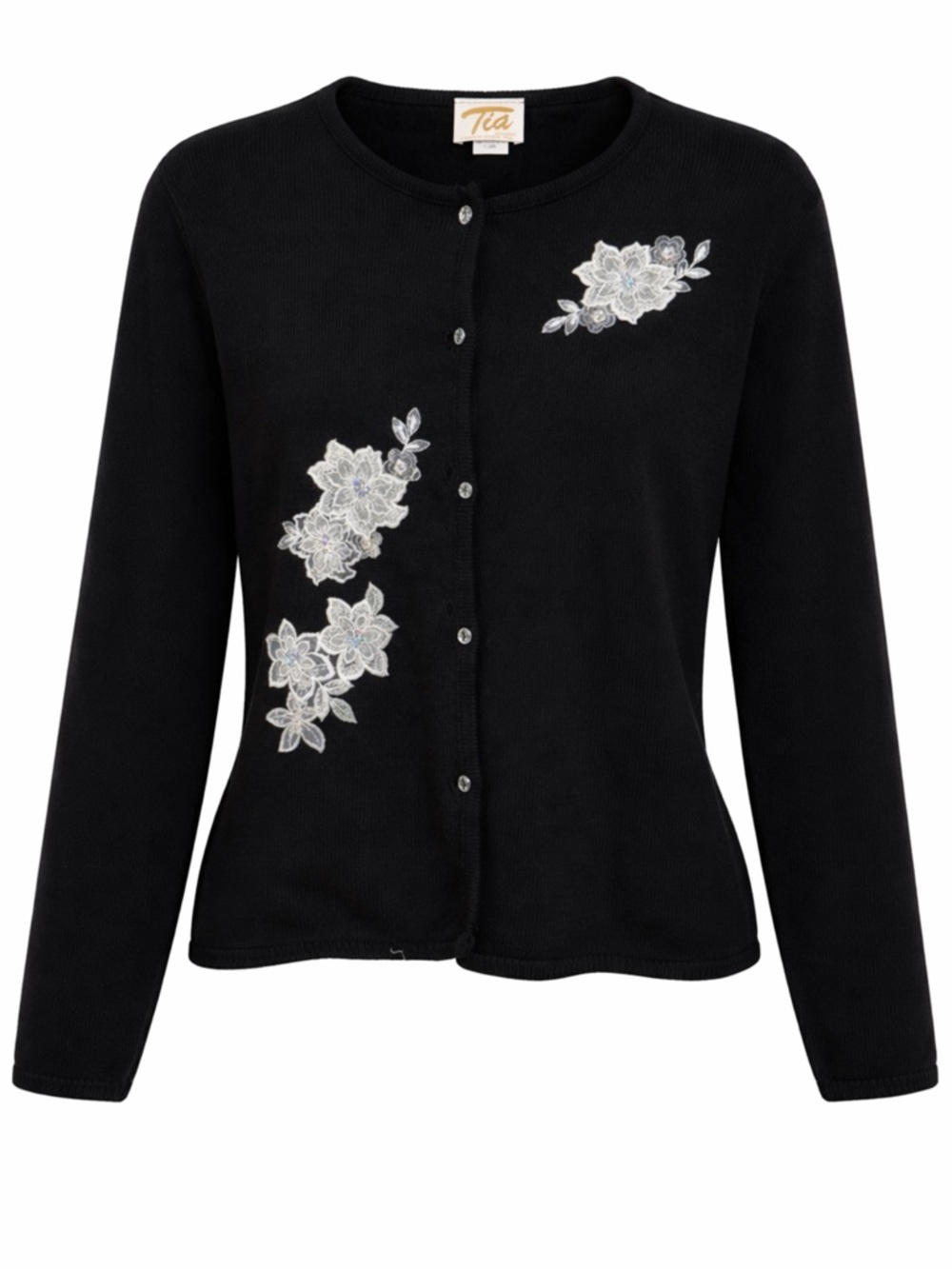 Tia Designs Vintage Black Cotton Cardigan w/ White Lace Floral Appliqué Size XL